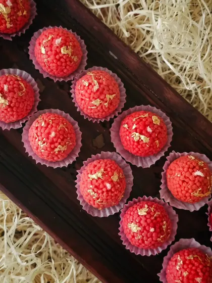A tray of my handcrafted Motichoor Ladoo candles, each one carefully made to resemble the real thing. They are a customer favorite for festive gifting and decor.