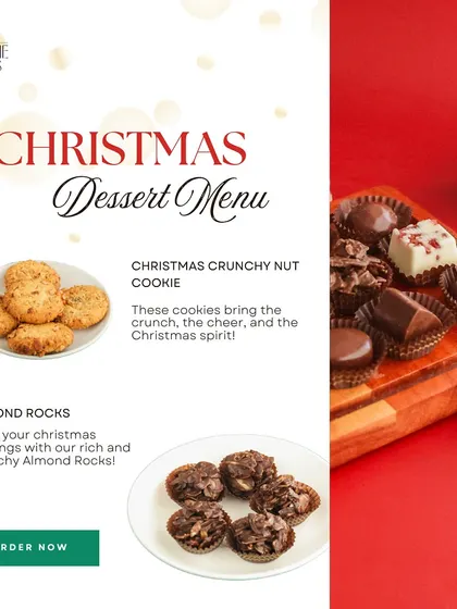 A look at some items from our Christmas dessert menu, like the Crunchy Nut Cookie and Almond Rocks. These can be included in any custom corporate gift hamper.