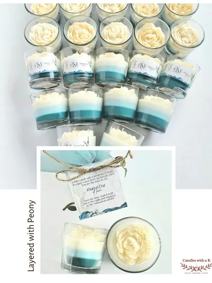 Another collage of votive jar candles, featuring a beautiful blue and white layered candle with a peony top, perfect for baptisms or communions.