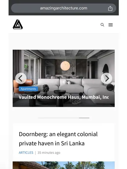 A screenshot of the 'Vaulted Monochrome Haus' feature on the Amazing Architecture homepage.