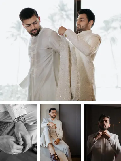 A collage showing the groom getting ready for his big day. These behind-the-scenes shots capture the details, from his watch to the final adjustments of his sherwani.