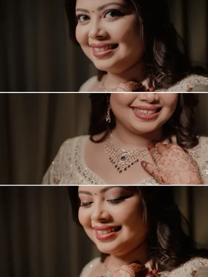 Close-up shots of the bride, Navya, showing her happy expressions and beautiful jewelry on her reception night.