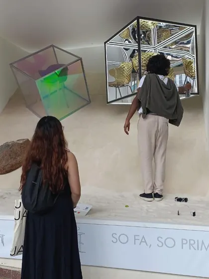 Our team exploring a playful and quirky installation at the DesignUru festival. We believe in engaging with design in all its forms, from the serious to the whimsical.