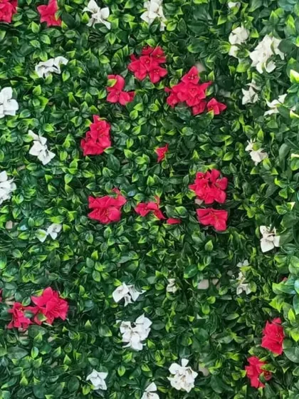 An artificial green wall decorated with red and white flowers. This type of floral green wall is perfect for adding a festive or celebratory feel to a space.