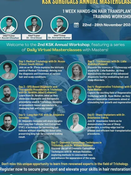 Education is a passion of mine. This poster details the annual hands on hair transplant training workshop I help lead, where I train other doctors on everything from medical trichology to advanced surgical techniques.