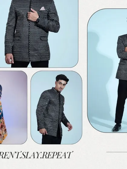 A graphic showing how to coordinate with your partner. The man's black and silver bandhgala perfectly complements the woman's colorful lehenga.