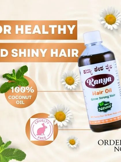 A bottle of my Kanya Hair Oil, highlighting its 100% coconut oil base and my commitment to cruelty-free products. It's made for achieving healthy, shiny hair.