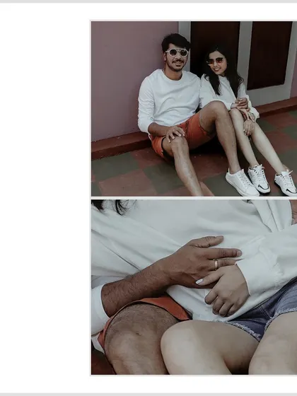 A casual pre-wedding collage, showing the couple relaxing together and a close up of their hands. It’s simple, sweet, and authentic.