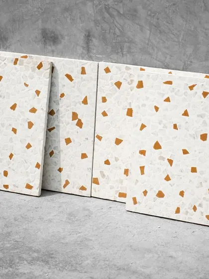 Our leather-finish Venetian terrazzo tiles. This finish provides a unique, tactile quality that is less glossy but equally beautiful.