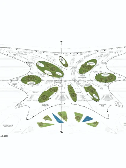 A plan of the concourse level, highlighting the distribution of green spaces and water features within the main passenger circulation areas.
