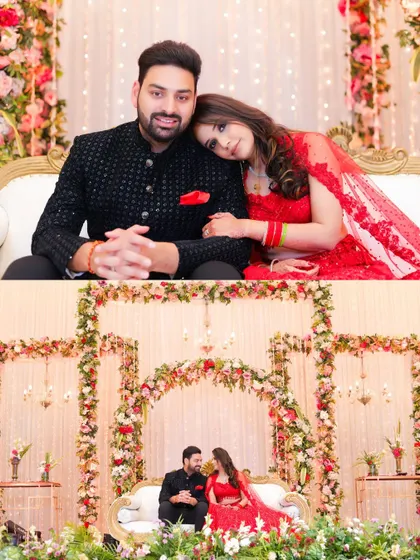 A collage capturing the couple's happiness at their engagement ceremony. The floral arch and their coordinated red and black outfits create a vibrant and celebratory feel.