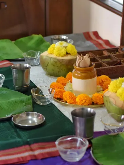 Welcome to my home. Before my guests arrive for a supper club, I love setting the table. Fresh banana leaves, marigold flowers, and traditional steel glasses create the perfect atmosphere for an evening of good food and great conversation.