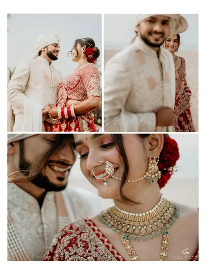 A collage of happy, candid moments from a beach wedding. The couple's smiles and laughter show the pure joy of starting their life together by the sea.