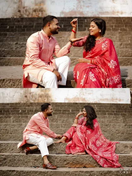 A collage of romantic and playful interactions on the stone steps of a ghat. This location offers a timeless and uniquely Indian backdrop for a pre-wedding shoot.