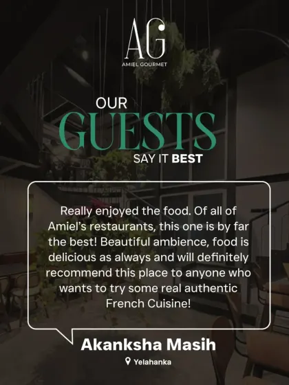 Our guests say it best. Akanksha's review highlights the beautiful ambiance and delicious, authentic French cuisine at my Yelahanka location. I'm so glad she enjoyed it.