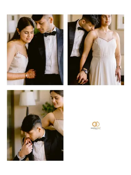 A collage of elegant and intimate moments from a pre-wedding shoot, capturing the couple's charm and classic style.