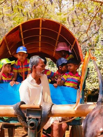 A highlight of the Jain Farm field trip was the bullock cart ride, giving students a taste of traditional rural life and a lot of fun.