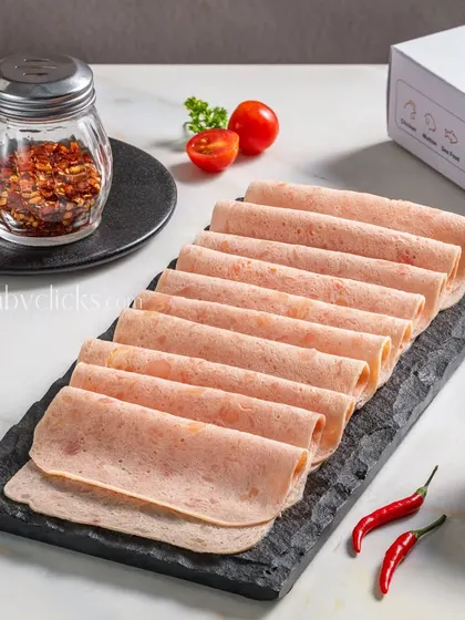 Slices of chicken salami elegantly arranged on a slate platter, with the Zappfresh product box visible in the background.