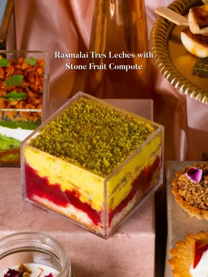 Rasmalai Tres Leches with Stone Fruit Compote. A creative fusion of two classic milk-based desserts from India and Latin America.