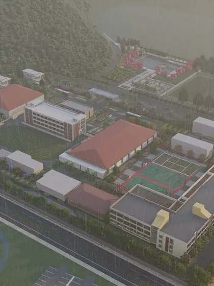 A render of the full UNACCO residential school campus, illustrating the zoning strategy that separates academic, residential, and sports areas.