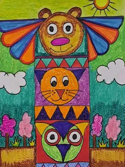 This colorful totem pole, featuring different animal faces, is an artwork that evokes happiness. Our goal is to help students create art that is comforting and truly their own.