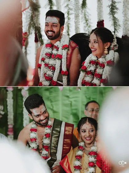A diptych of the bride and groom sharing happy, candid smiles during their wedding ceremony.