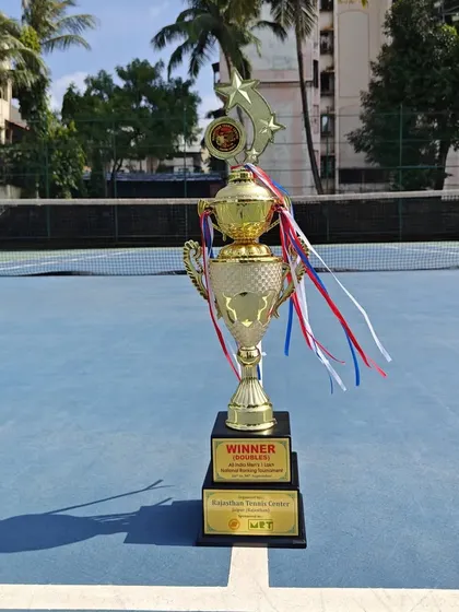 The winner's trophy from the 1 Lac Men's AITA Doubles Tournament in Jaipur, won by our trainee Anup Bangargi.