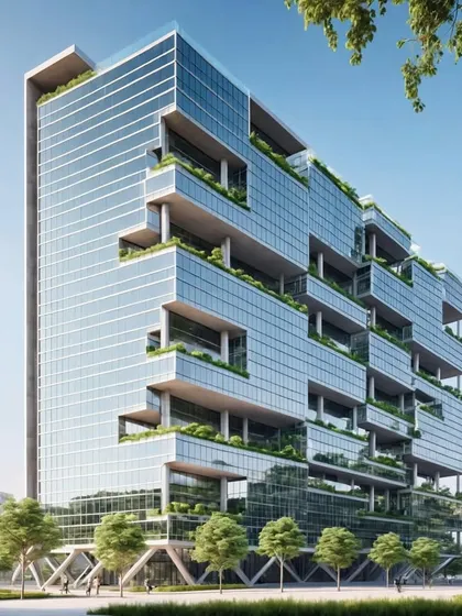 This upcoming commercial building is strategically positioned to overlook a lake. The design features cut-out niches with greenery, connecting the vertical structure to the surrounding landscape and creating a feeling of stepping up and into nature.