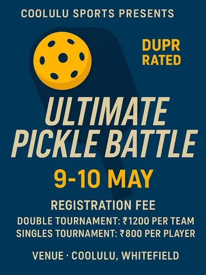 It's not just for kids! We host official DUPR-rated pickleball tournaments for adults in Bengaluru. This poster for our Ultimate Pickle Battle shows the singles and doubles events we organize for all skill levels.