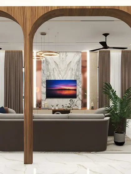 A view through the wooden arches in this 3D render, showing the TV area in the background. This perspective highlights the open and connected feel of the living space.