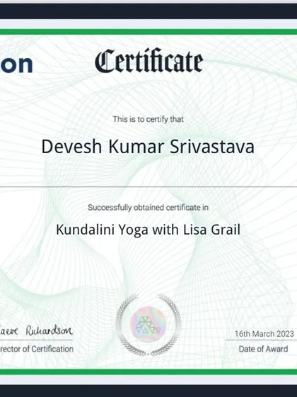 My certificate in Kundalini Yoga, a powerful practice for awakening energy and consciousness. This allows me to offer a wider range of transformative yoga experiences.