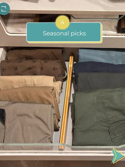 A drawer dedicated to seasonal picks, like trousers and pants, neatly file-folded and separated by dividers.
