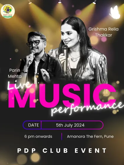 The poster for a live music performance at a PDP Club event in Pune. I travel across India for corporate events, bringing my unique energy to different cities.