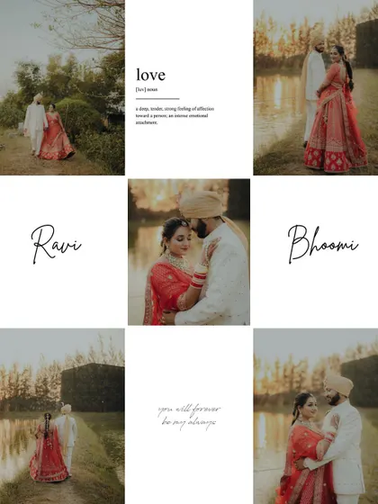 A beautiful mood board celebrating the love of Ravi and Bhoomi. This collage combines their portraits with simple, elegant text for a modern feel.