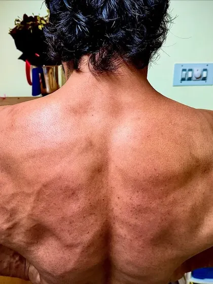 The width and density of the lats and traps, built through countless reps of heavy pulling movements. A strong back is the centerpiece of a powerful physique.