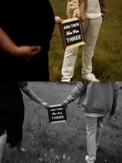This collage shows the journey ahead, with the couple walking away holding their announcement sign. The mix of color and black and white adds an artistic, narrative feel to the pregnancy announcement.