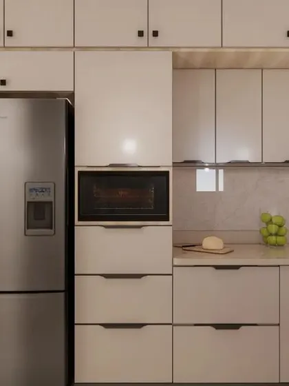This render showcases the ample storage solutions in the kitchen, including tall units for appliances and plenty of overhead and base cabinets to keep the space organized.