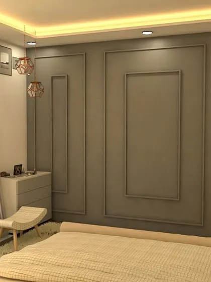 A cozy bedroom with olive-green paneled walls and a comfortable bed. The design includes a full-length mirror and a compact vanity area, making it both stylish and practical.
