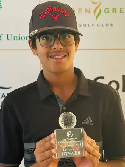 A close-up of Rayirth Jain's winner's trophy from the Haryana tour.