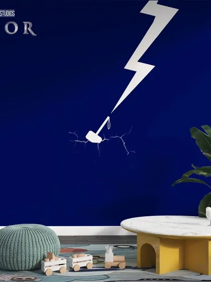 A minimalist design showing Thor's hammer and a lightning bolt on a deep blue wall, perfect for a clean and modern superhero theme.