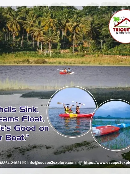 Shells sink, dreams float. Life's good on our boat. A collage showing the joy of kayaking at our resort.