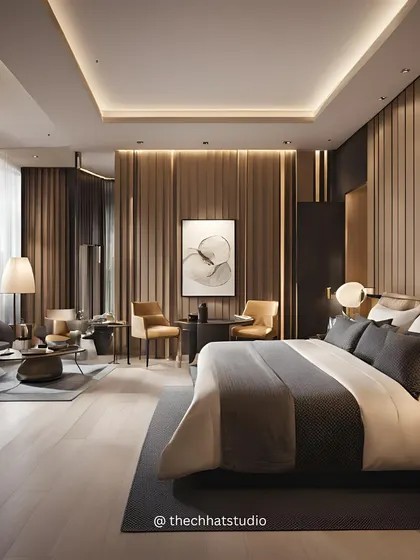 This spacious bedroom suite combines sleeping and lounging areas. I used a sophisticated color scheme, elegant furniture, and a statement art piece to create a luxurious retreat that feels both grand and intimate.