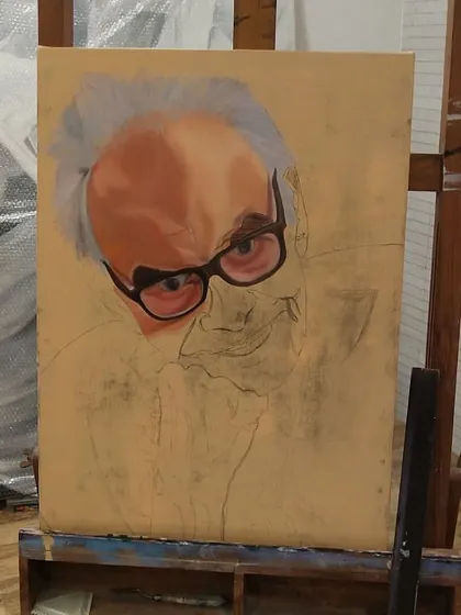 A slightly different angle of the early underpainting stage. You can see the pencil sketch underneath the first layers of oil paint.