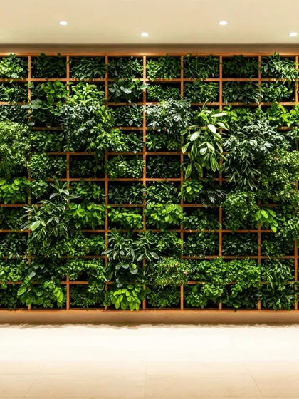 A structured vertical garden with a wooden grid frame, where each compartment is filled with a variety of artificial plants. This design adds a geometric and organized look to the indoor greenery.
