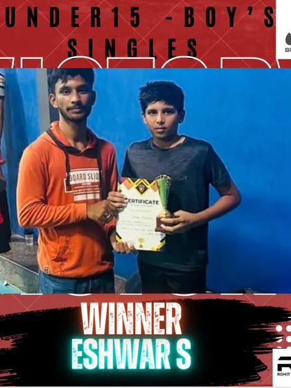 Congratulations to Eshwar S for winning the Under 15 Boy's Singles title. His powerful game is a result of intense, focused training sessions.