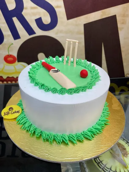 A 1.5kg cricket theme cake with a bat, ball, and wickets on a green pitch.