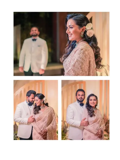 A collage from the reception, showing the groom's first look at his bride, and their romantic portraits together. It tells the story of a magical evening.