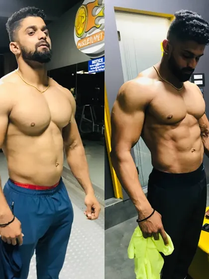 A two-week transformation photo. This shows how quickly the body can respond to a disciplined diet and training plan, shedding water and fat to reveal muscle definition.