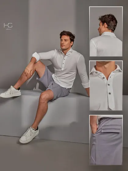 Leveling up your everyday style with a comfortable yet polished set. This white long-sleeved polo and shorts combination shows how even the most casual pieces can be elevated with the right tailoring and details.