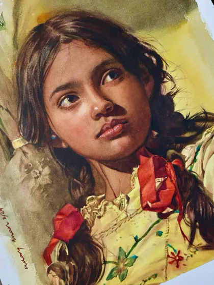 A close-up of the young girl's portrait, showing the delicate brushstrokes used to render her features and the soft, out-of-focus background that helps the subject stand out.